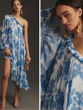 Floral Print One-Shoulder Cape Dress from the Ieena for Mac Duggal collection